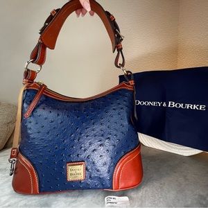 🦆 Dooney & Bourke - Ostrich Embossed Leather Hobo Bag Royal Navy Blue + Cognac